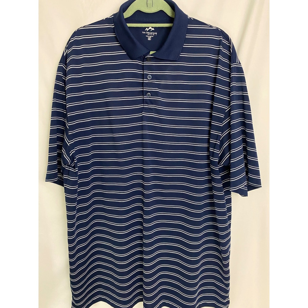 Tri-Mountain Polo Shirt Mens 2XL Navy Blue Excellent Striped Performance Golf